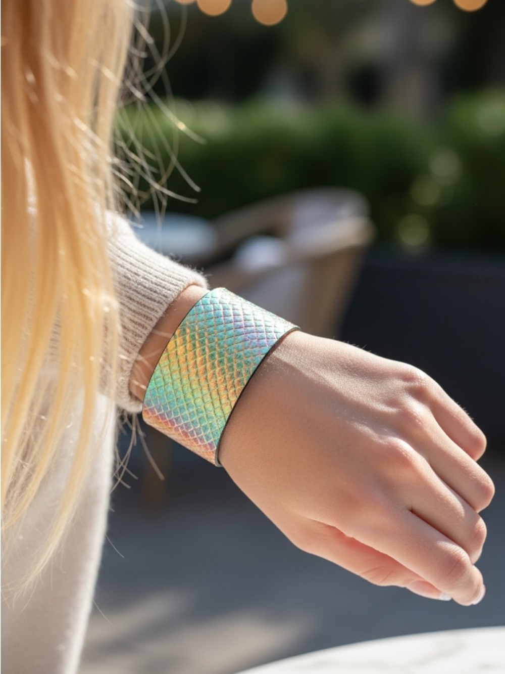 Iridescent Rainbow Wide Wristband Bracelet - Fashion Wearable Clip
